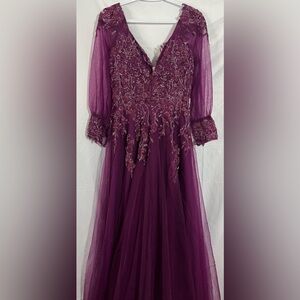 Elegant Plum Long Sleeve Embroidered Gown Embellished Tulle A-Line w Train 14W